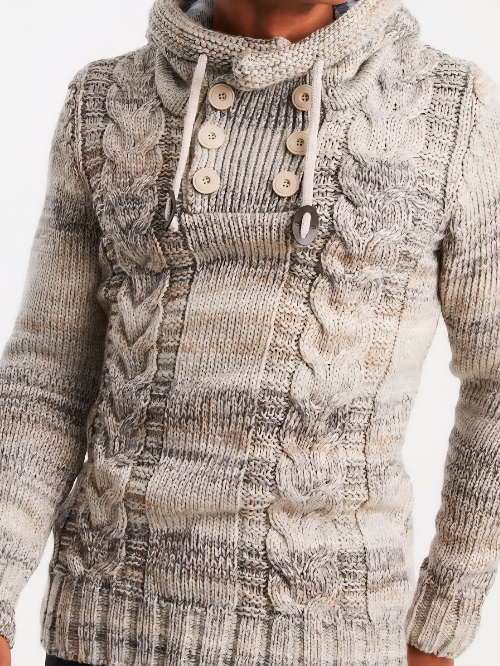 Men's Cable Knit Hooded Sweater - Cream/Gray
